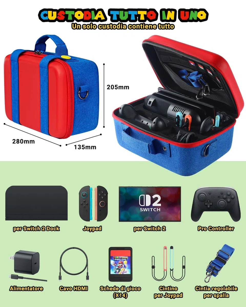 Custodia Protettiva All-in-One Compatibile con Nintendo Switch 2, Custoda da Viaggio Rigida e Portatile, Case di Trasporto per Console Switch 2, Controller Pro, Dock e Accessori, Rosso Blu Grande