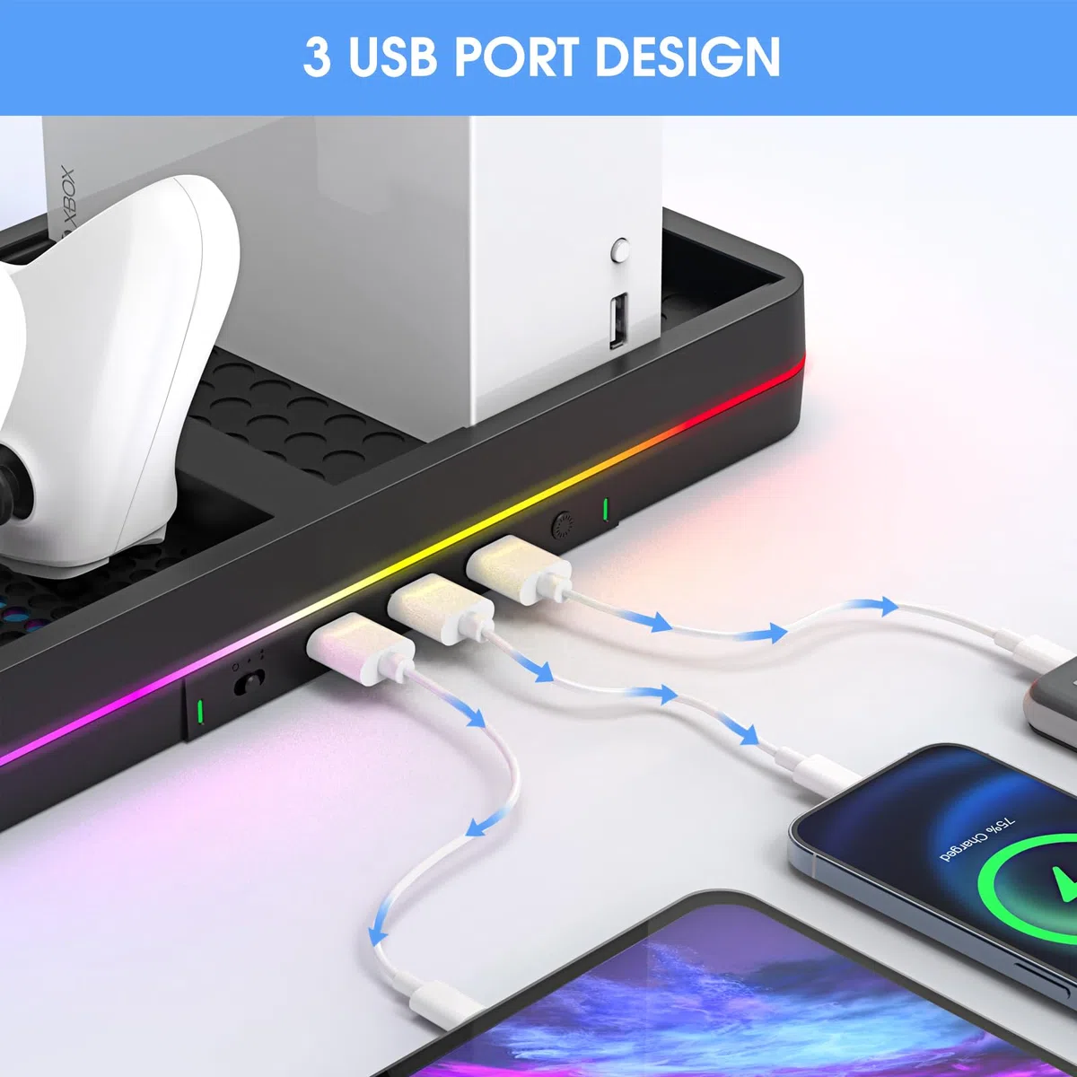 Doppia ventola di raffreddamento e supporto di raffreddamento per console/controller Xbox Series X/S, stazione di ricarica doppio controller Xbox con luce LED RGB e 3 porte USB, accessori Xbox Series