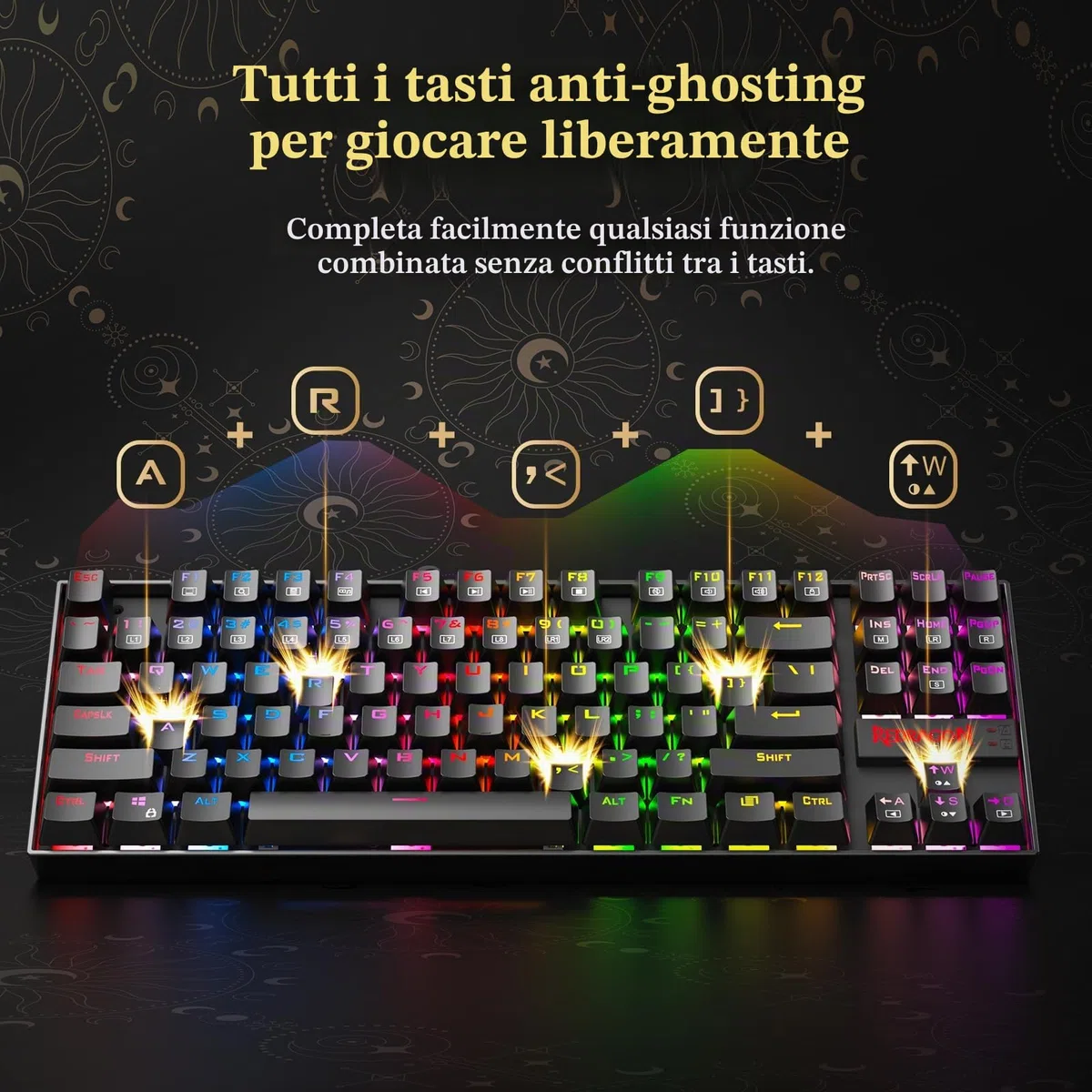Redragon Tastiera Gaming Meccanica, LED RGB Retroilluminato Arcobaleno, Tastiera Cablata con Interruttori Red Equivalenti per PC da Gioco Windows (87 Tasti, Nero)