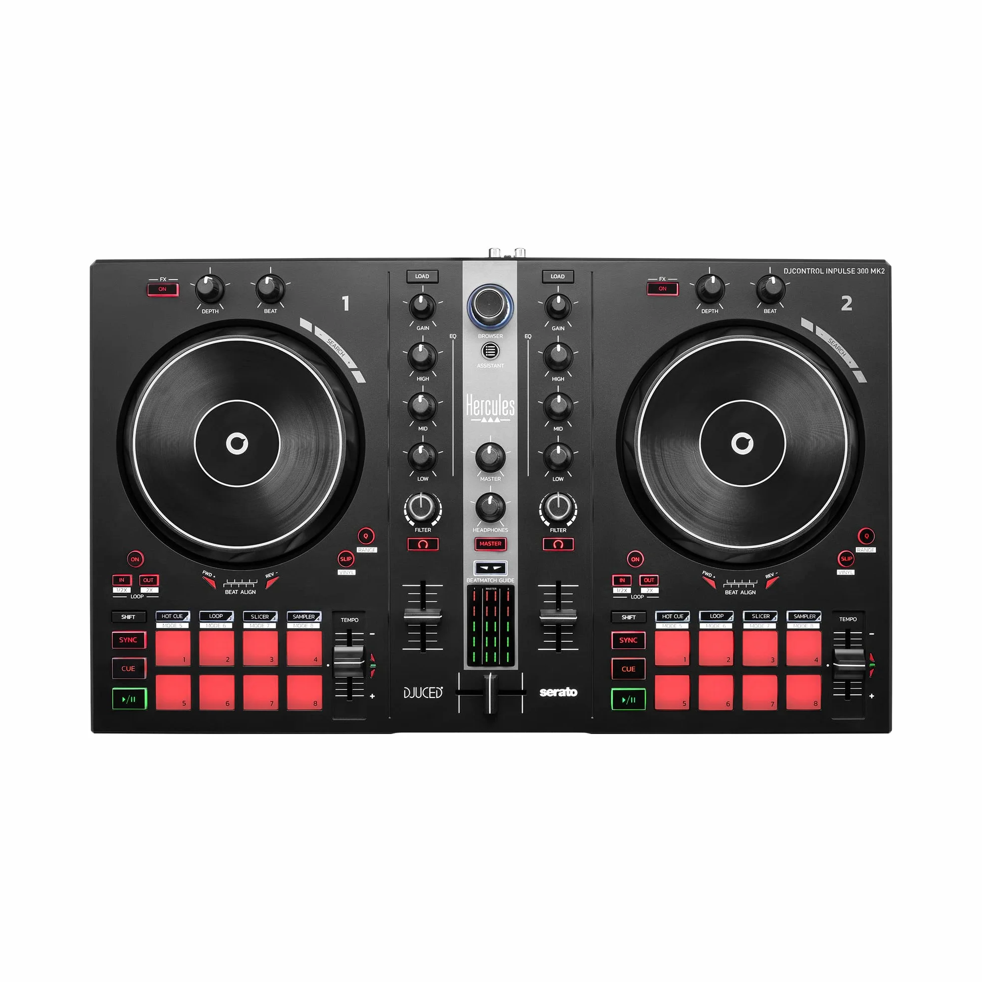 HERCULES DJControl Inpulse 300 MK2, Postazione DJ USB, 2 banchi con 16 pad e scheda audio integrata | Controller 2 deck per Serato e DJUCED con LED Beatmatch Guide, 16 pad performance, Stems preconfigurato