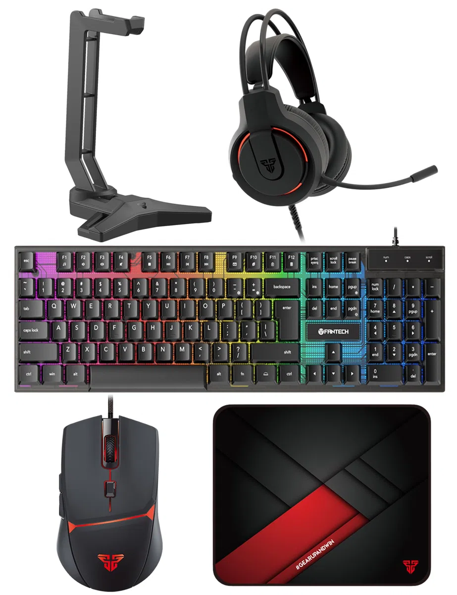 FANTECH P51S - Tastiera da gioco e mouse combinata, cuffie e supporto, tappetino per mouse cablato RGB Rainbow Keyboard PC per principianti Gamer Basic 5 in 1 Set da gioco