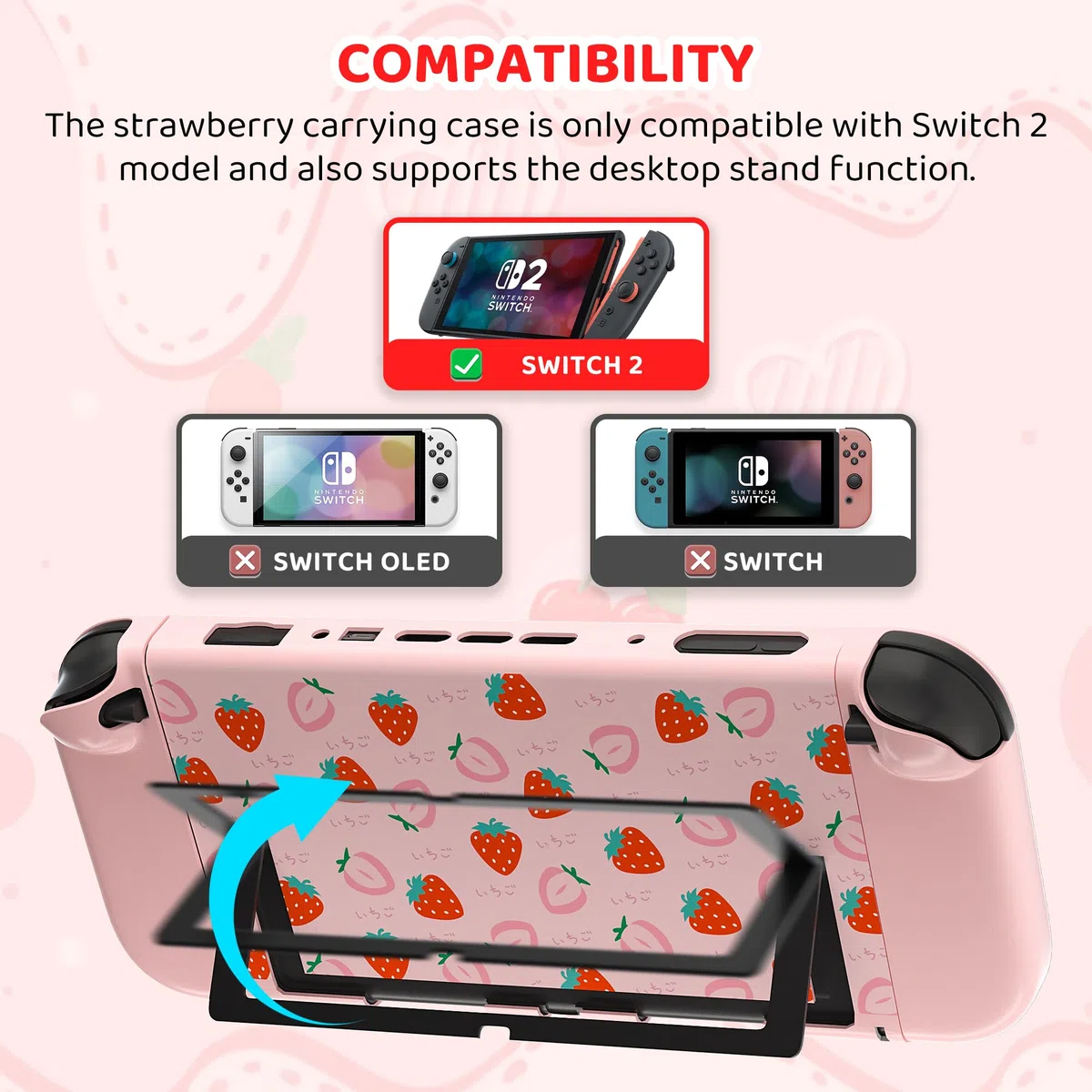 FUNDIARY Custodia da trasporto rosa per Switch 2 con design fragola, kit di accessori antiurto con custodia da viaggio sottile portatile, custodia agganciabile, pellicola proteggi schermo, tracolla e