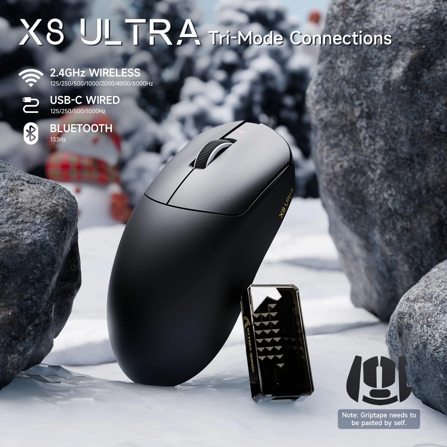 ATTACK SHARK X8 Ultra 8KHz Topo Gaming Senza Fili, 55g Ultraleggero, Nordic 52840, PAW3950MAX, 42KDPI, BT/2.4Ghz/Filo, Rivestimento Nano Freddo, Mani Grandi, 500mAh, Griptape, SW & Web Driver (Nero)
