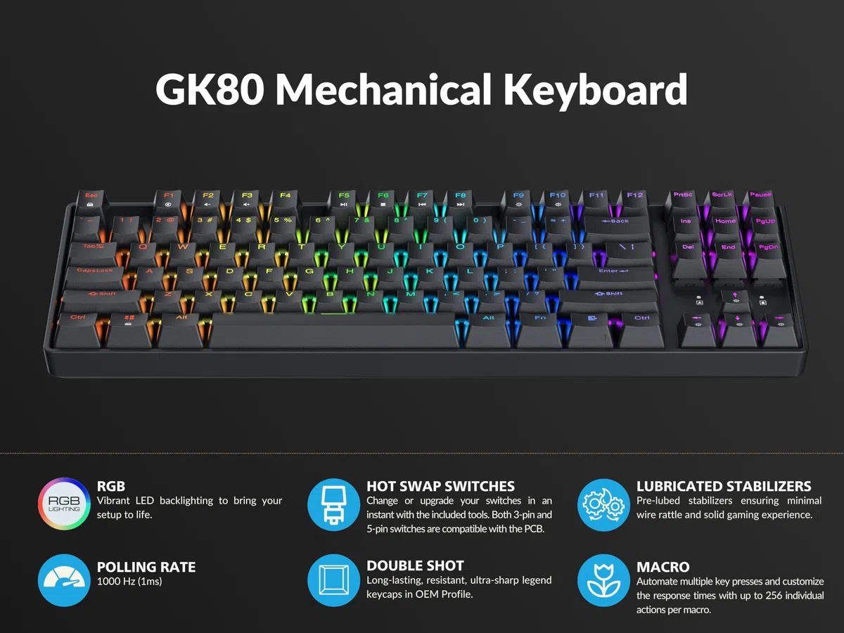 Geeky GK80 Tenkeyless, tastiera meccanica da gioco, 87 tasti, retroilluminazione a LED RGB multicolore per PC/Mac Gamer, layout americano ANSI, nero, blu meccanico