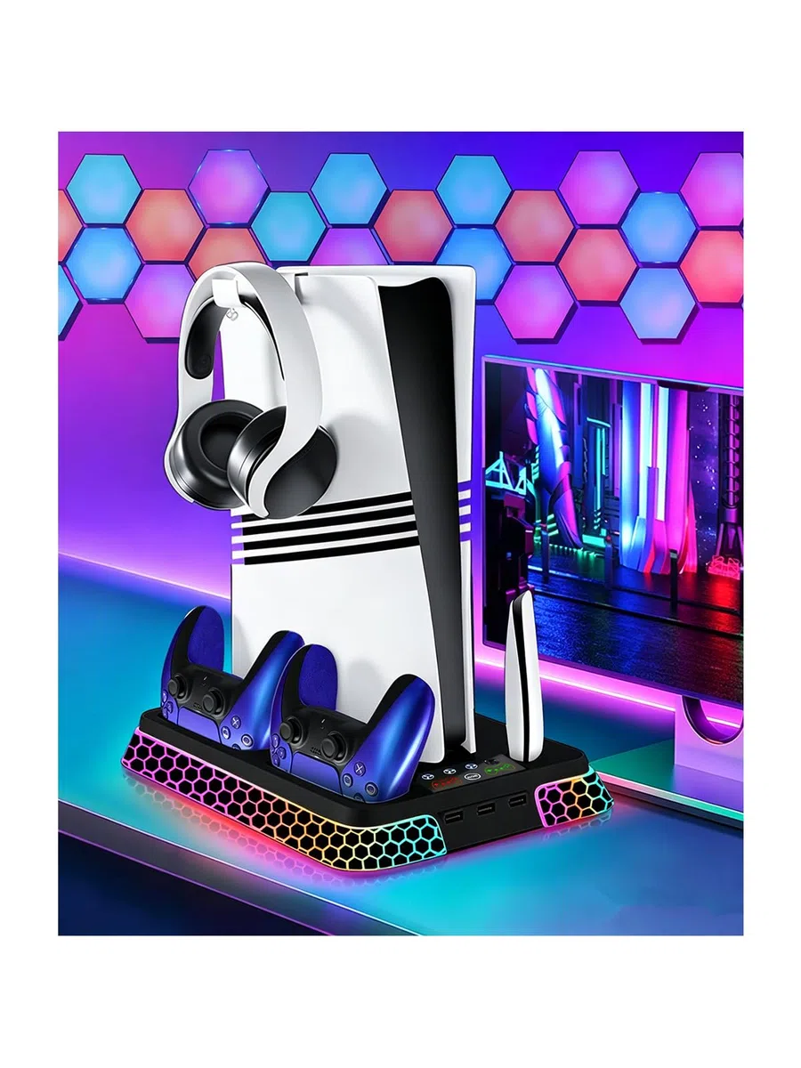 Supporto per PS5 con estetica esagonale RGB, stazione di raffreddamento PS5 per PlayStation 5 Slim Pro Disc console digitale con ventola di raffreddamento, doppio controller caricabatterie rapido hub