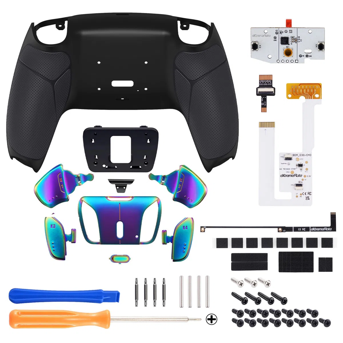 eXtremeRate Rise4 V3 Remap Kit Programmabile per ps5 Controller,Palette Metallo Back Button Paddles Tasti Aggiuntivi Cover Grip Gommato per ps5 Joystick BDM-030/040/050-Nero Blu Viola