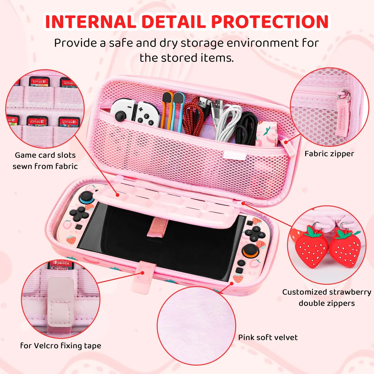 FUNDIARY Custodia da trasporto rosa per Switch 2 con design fragola, kit di accessori antiurto con custodia da viaggio sottile portatile, custodia agganciabile, pellicola proteggi schermo, tracolla e