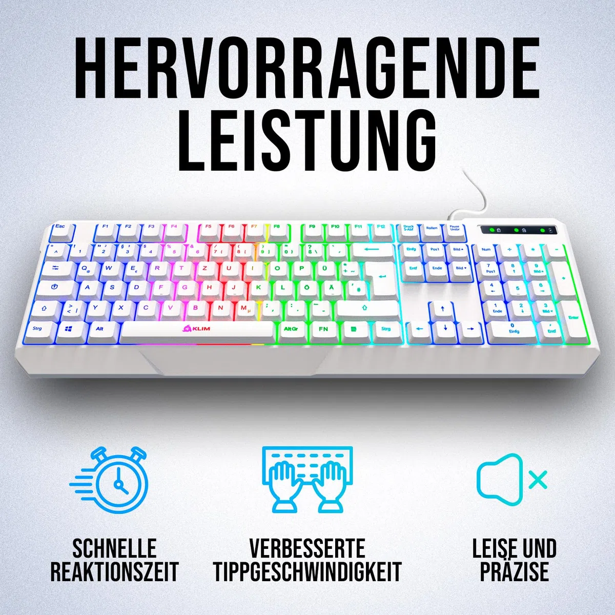 KLIM Chroma De Tastiera Qwertz Tedesco per Gaming USB | Colori da Videogioco e Retroilluminata, PC Console Windows - Bianca