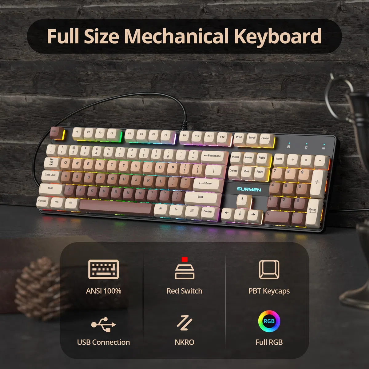 SOLIDEE tastiera gaming meccanica 100%,US Layout QWERTY,Tastiera da Gioco Cablata 104 Tasti Retroilluminata RGB con Tastierino Numerico,Tastiera Meccanica NKRO per laptop Windows(104 Coffee)