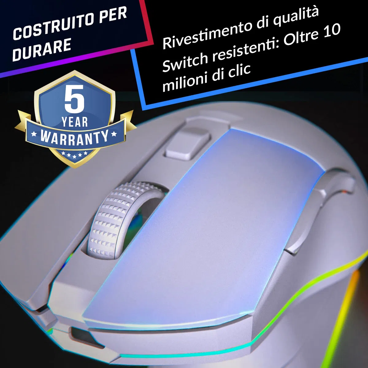 KLIM Blaze Pro Sensore ad Alta Precisione con Batteria a Lunga Durata | Mouse da Gioco Wireless RGB Ricaricabile con Stazione di Ricarica, Fino a 6000 DPI, Libertà Totale per Dominare - Bianco