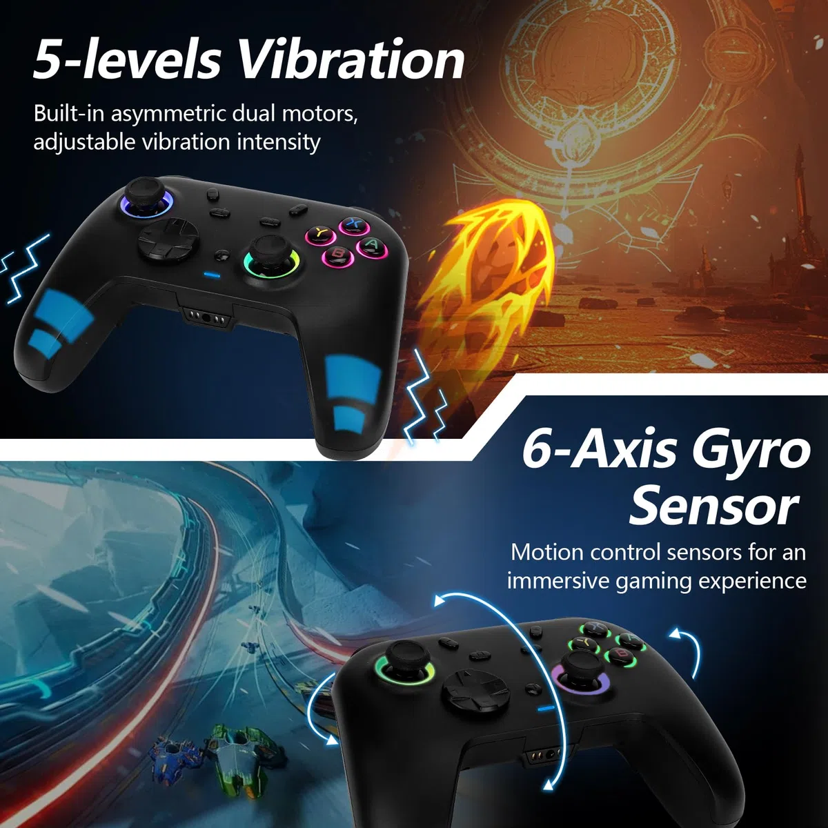 DoJoZone Controller PC, PC Controllers Wireless con Base Ricarica, Hall Effect Joystick/Trigger, RGB, Turbo, Giroscopio, Bluetooth/2,4G Joystick Compatibile con Windows PC/Switch2/Switch/Steam/Android