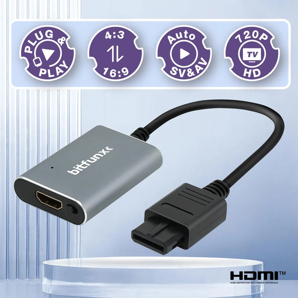 BITFUNX Adattatore HDMI N64/NGC/SFC/SNES - Supporta Auto SV e AV e switch 16:9/4:3, adattatore plug & play per videogiochi senza ritardi, adattatore HDMI per console N64/NGC/SFC/SNES
