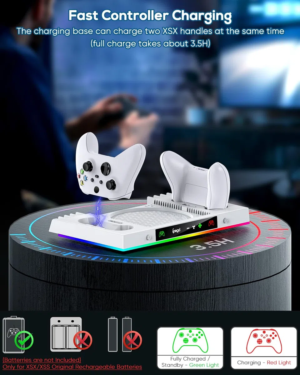 MENEEA Stazione di ricarica per ventola di raffreddamento migliorata per console e driver Xbox Series X, doppia stazione di ricarica e supporto del sistema di raffreddamento con 15 luci colorate per