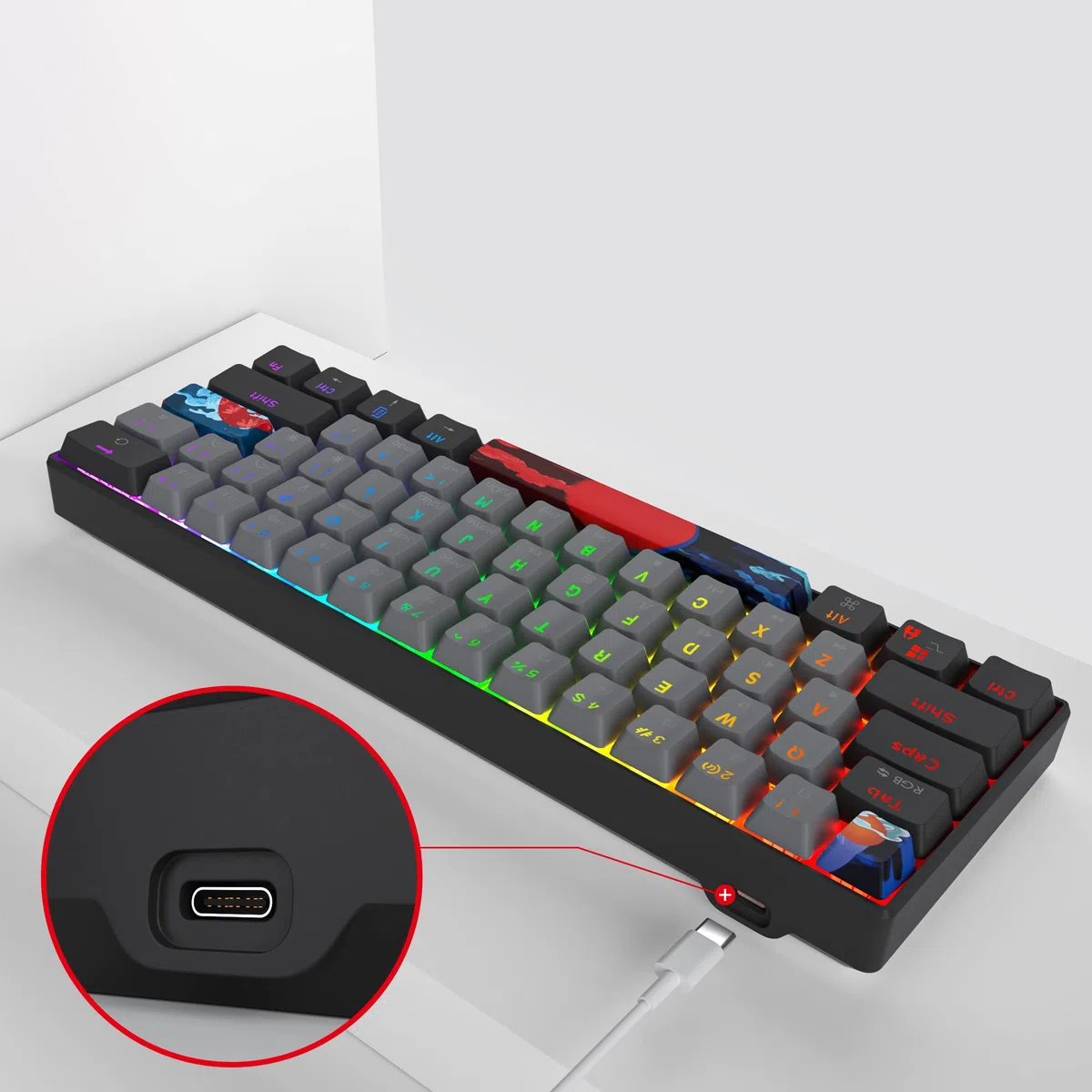 Mini tastiera meccanica da gioco RGB, 60% percento, interruttore blu, ultra compatta, retroilluminata, ergonomica, cablata, con tasti in PBT grigio/nero, per Mac/Win/PC/ps4/ps5 (interruttore