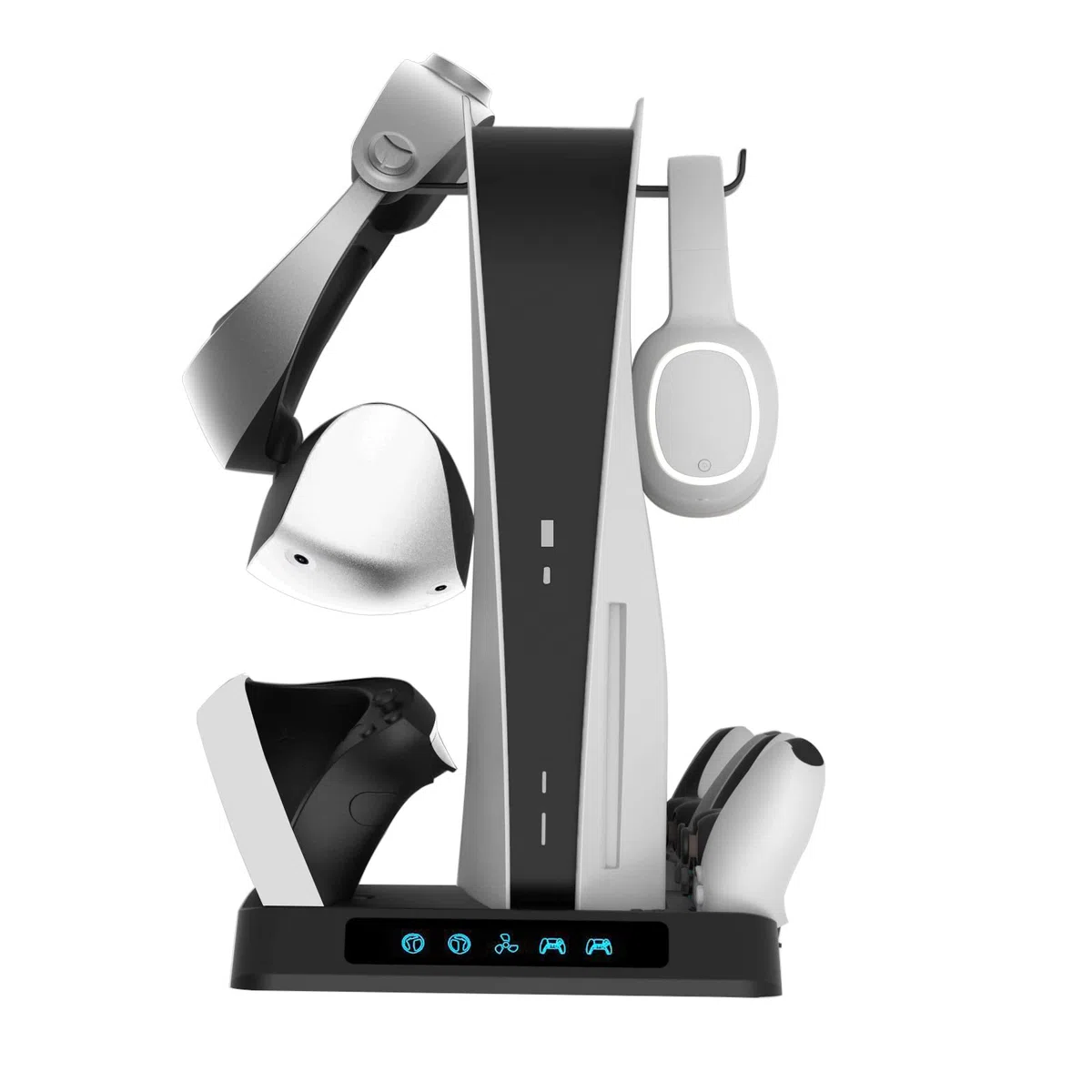 Stazione di raffreddamento verticale della console e supporto di ricarica del controller per PS5/PSVR2 Supporto con 2 ganci per cuffie e auricolari