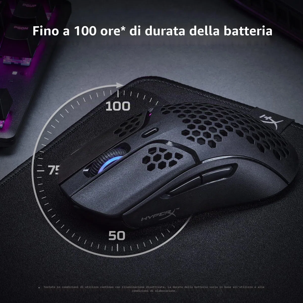 HyperX Pulsefire Haste, Mouse Gaming Senza Filo, Connettività a 2,4 GHz, Illuminazione RGB, 6 Tasti Programmabili, Fino a 16000 DPI, Resistenza per 80 Milioni di Clic, Batteria fino a 100 Ore, Nero