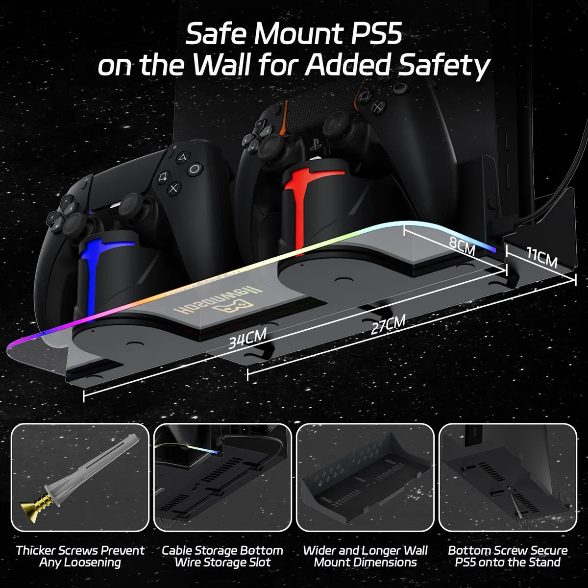 Hosanwell Kit di montaggio a parete per PS5 con stazione di ricarica, compatibile con PlayStation 5 e PS5 Slim e Pro, ricarica rapida 2 ore, stazione di ricarica a doppio uso con luce RGB