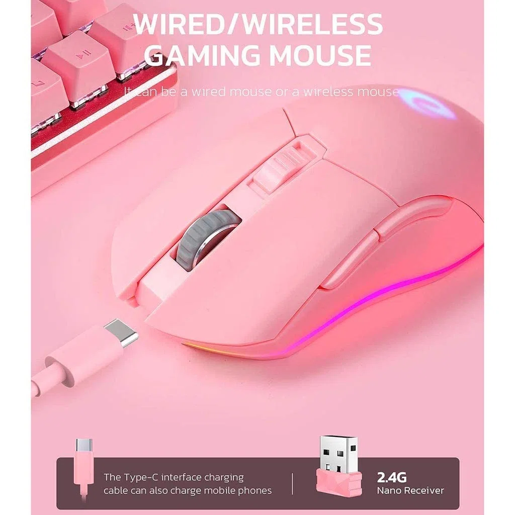 RajoNN Mouse Wireless Mouse, Mouse da Gioco cablati RGB di Tipo C con 7 Pulsanti programmabili, Mouse da Gioco RGB Ricaricabili 10000 DPI, 150 IPS, Frequenza di Polling 1000 Hz, per PC e