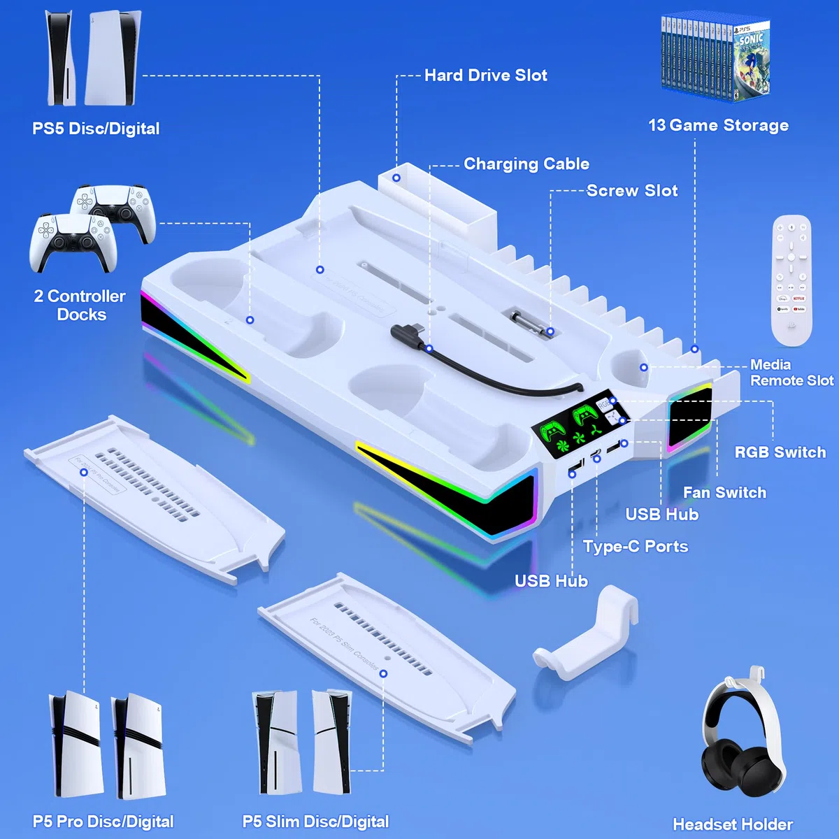 Kawaye Stazione di raffreddamento per PS5 per PS5/console sottile, per accessori PS5 Supporto verticale con caricatore doppio controller Incl.3 livelli ventola di raffreddamento, luce RGB, custodie