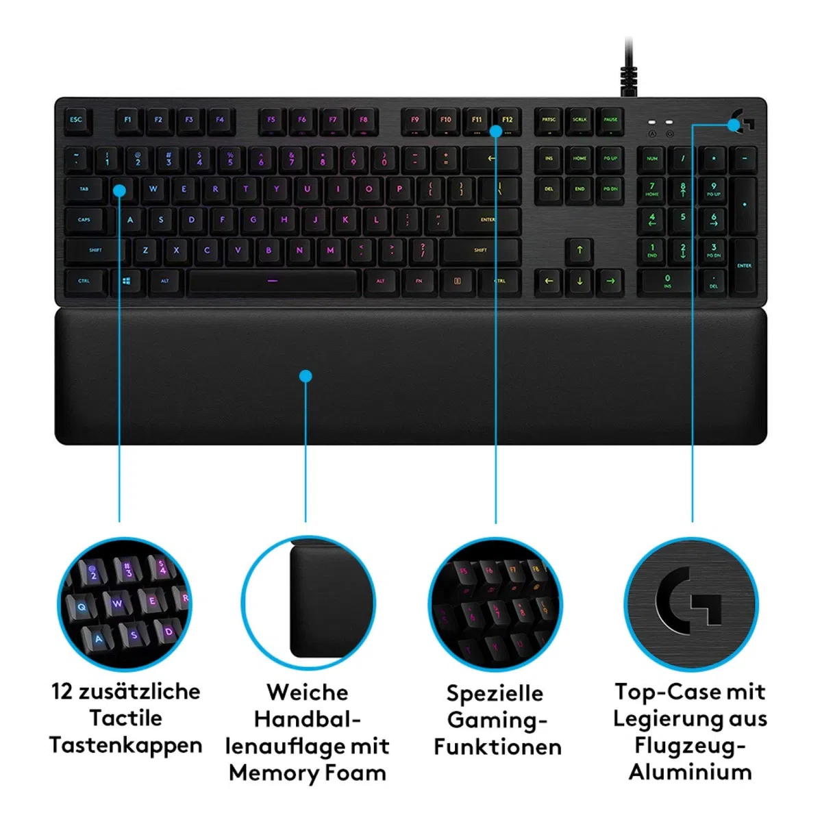 Logitech G513 tastiera meccanica da gioco, switch tattili GX Brown, illuminazione RGB, pass-throughput USB, poggiapolsi con memory foam, alloggiamento in alluminio, layout tedesco QWERTZ –