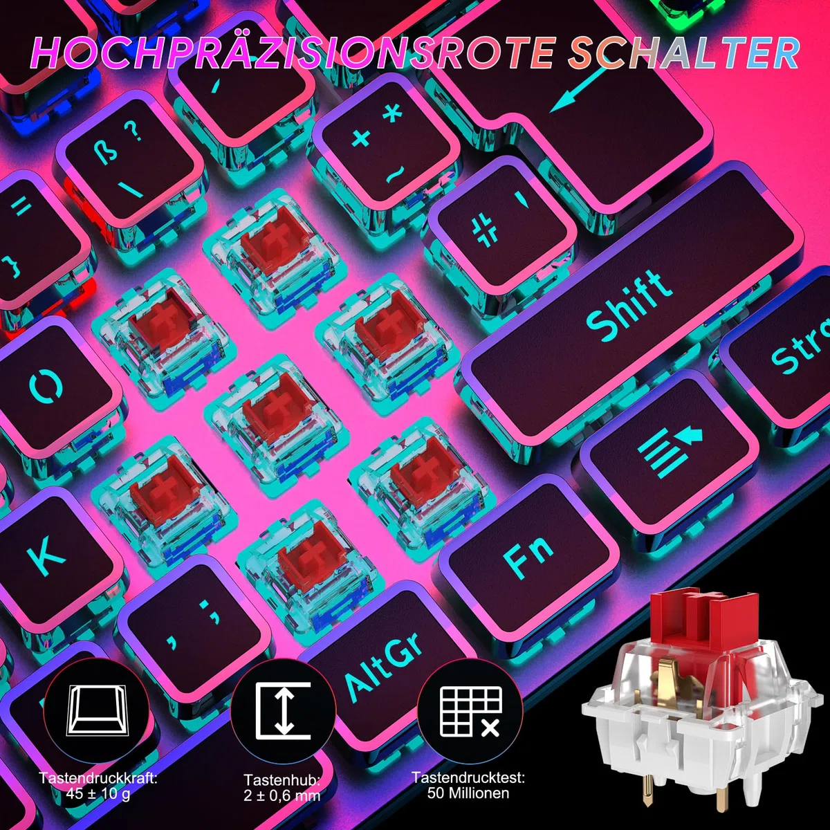 TECURS Tastiera meccanica da gioco con poggiapolsi magnetico e interruttori rossi, tastiera illuminata QWERTZ cablata, 105 tasti con anti-ghosting e manopola multimediale per PC/PS5/PS4