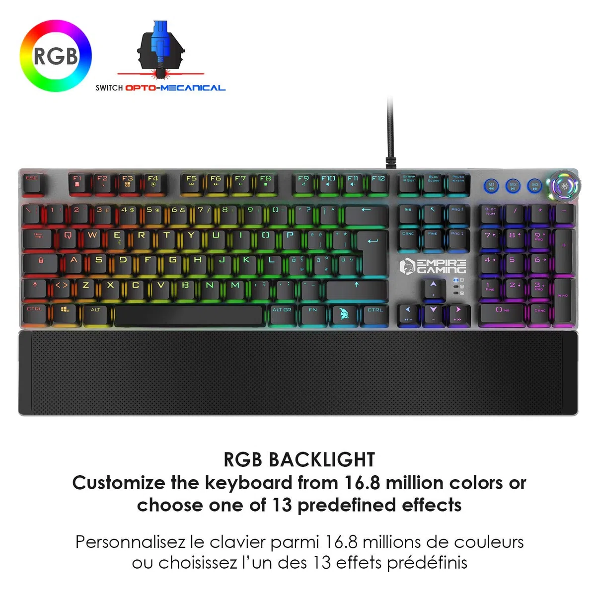 EMPIRE GAMING – STARDUST Tastiera Gaming – Tasti Opto-Meccanica – Retroilluminazione LED RGB – Gamer Software programmazione - Poggiapolsi amovibile (QWERTY, Italiano)