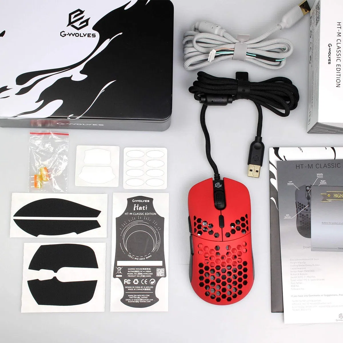 Gwolves Hati HTM - Mouse da gaming cablato, ultra leggero, con design a nido d’ape, sensore 3360, piedini in PTFE, 6 pulsanti, solo 61 g, colore: rosso (Faze Red)