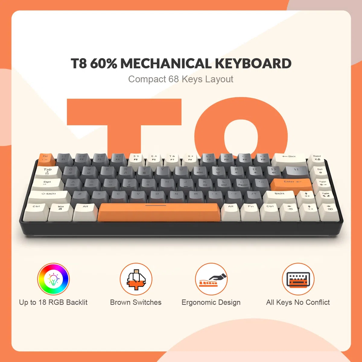 Yindiao ZIYOULANG T8 60% Tastiera da Gioco Meccanica, Layout Compatto TKL 68 Tasti, Retroilluminata a 18 RGB, Interruttori Marroni, Anti-ghosting, Cavo USB-C Spirale Pro, per PC, Mac, PS4-Milk Shake