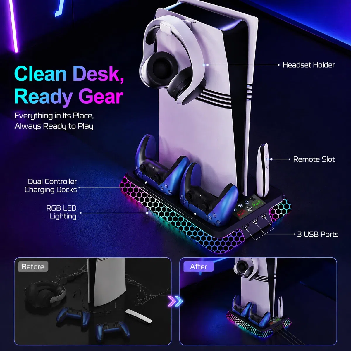 Supporto per PS5 con estetica esagonale RGB, stazione di raffreddamento PS5 per PlayStation 5 Slim Pro Disc console digitale con ventola di raffreddamento, doppio controller caricabatterie rapido hub
