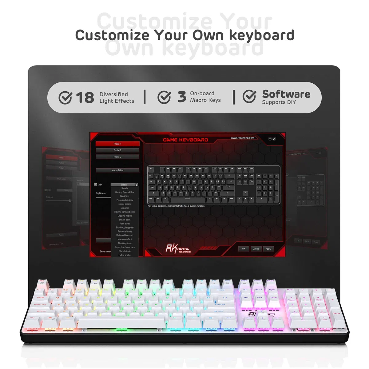 RK ROYAL KLUDGE RK920 Tastiera meccanica 100% cablata, Full Size 104 tasti Rainbow Gaming Keyboard con tastierino numerico, compatibile per Win/Mac, interruttore tattile marrone, bianco (layout USA)