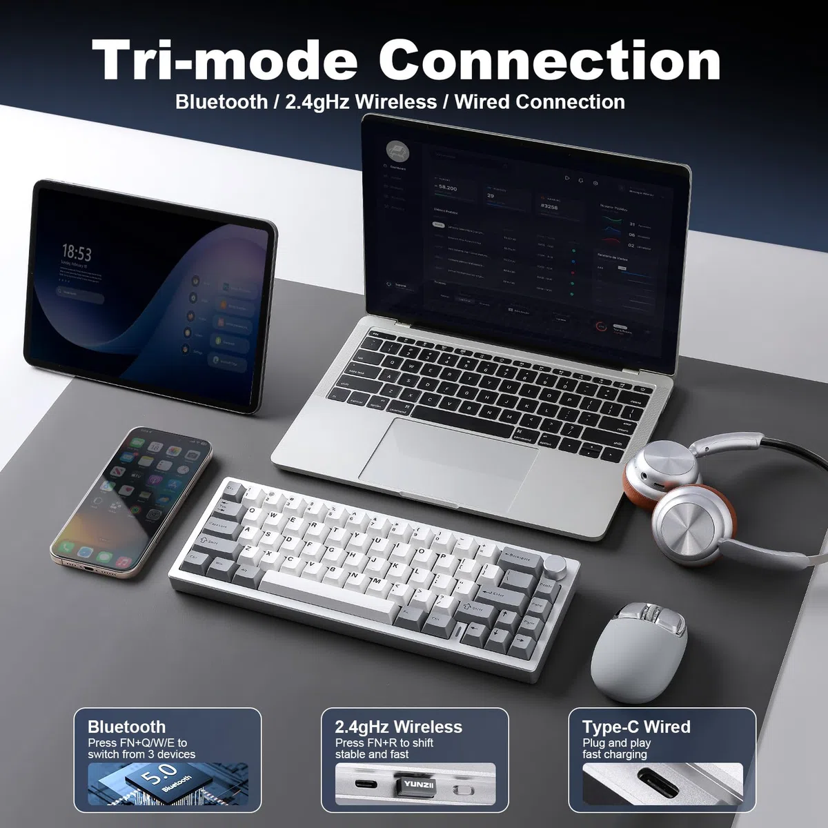 YUNZII AL68 Tastiera Meccanica Wireless 60% in Alluminio QMK/VIA, Sostituibile a Caldo con Manopola, RGB da Gioco per Mac/Windows/Linux (Silver, Cocoa Cream V2)