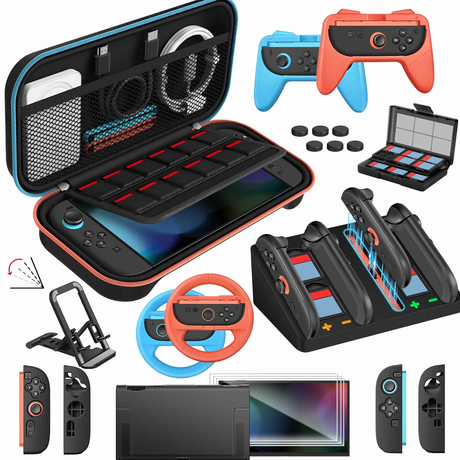 iVoler 22 in 1 Kit di Accessori per Nintendo Switch 2 - Include Custodia per Trasporto, Controller Charging Dock, Cover Protettiva, Pellicole Protettive, Volanti, Impugnature, Supporto, ecc - Nero