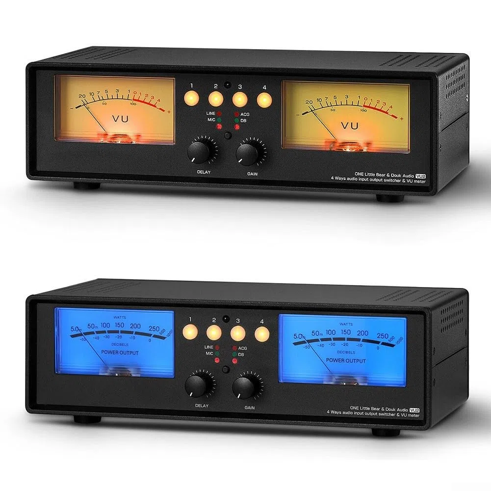 VU2 VU Meter analogico indicatore di livello sonoro con modalità di commutazione 4-IN-1-OUT e 1-IN-4-OUT per sorgenti audio stereo RCA e ingresso microfono (retroilluminazione blu)