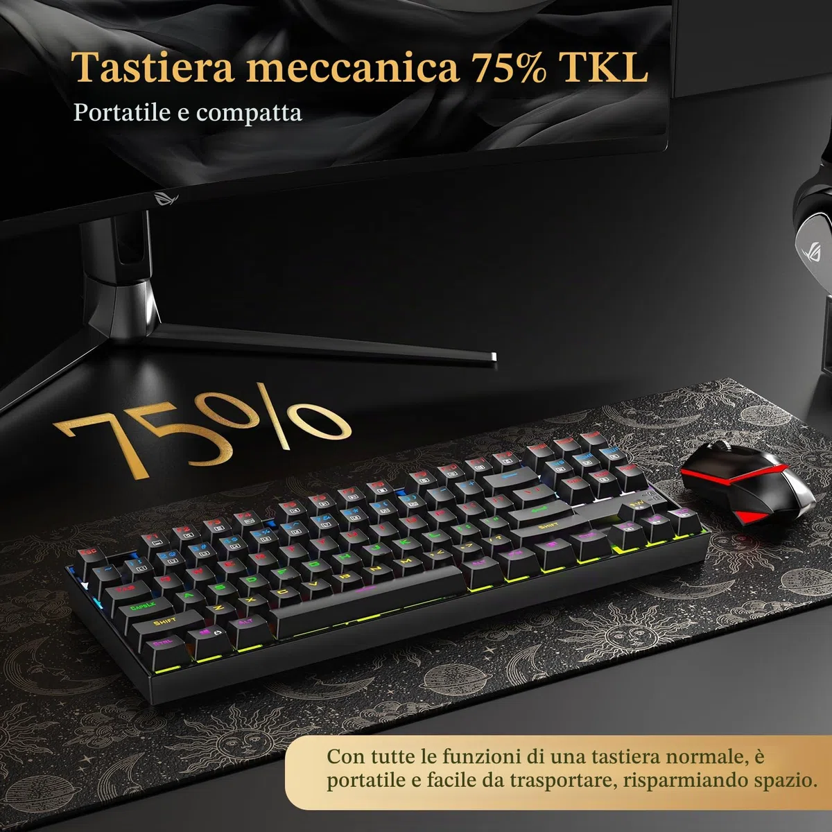 Redragon Tastiera Gaming Meccanica, LED RGB Retroilluminato Arcobaleno, Tastiera Cablata con Interruttori Red Equivalenti per PC da Gioco Windows (87 Tasti, Nero)