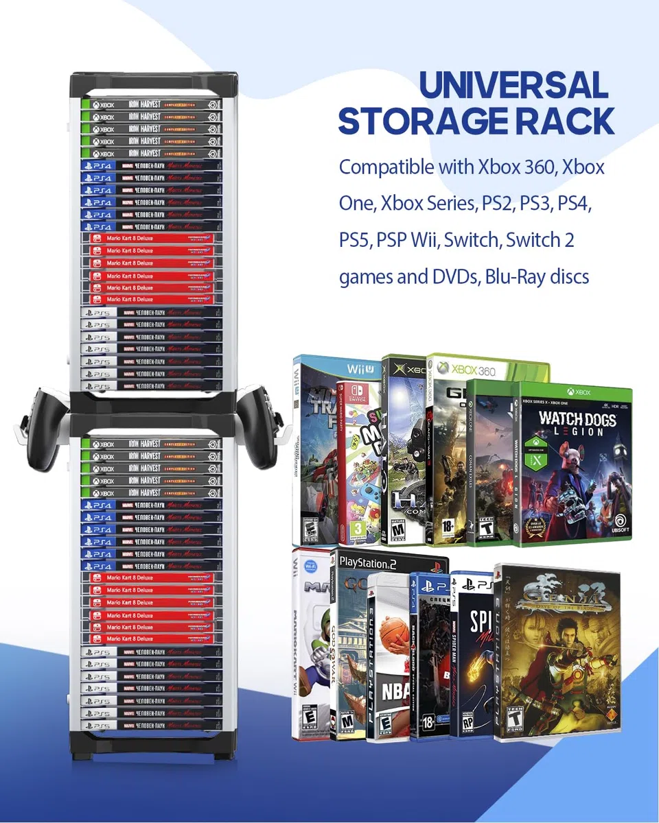 Nargos Torre di archiviazione per videogiochi per PS5/PS4/PS3/PS2/PSP/Xbox One/Series X/S/Wii/Wii U/Switch, organizer per DVD e dischi Blu-Ray (46 pezzi)