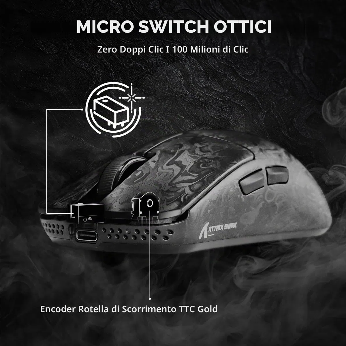 ATTACK SHARK R11 ULTRA Mouse Gaming Wireless 8000Hz in Fibra di Carbonio, 49g SUPERLIGHT, 42000 DPI, 20000 FPS, Nordic 52840, PAW3950MAX, Copristrato Ice-Feel, BT/2.4G/Cabalto, PC/Mac, Nero Forgiato