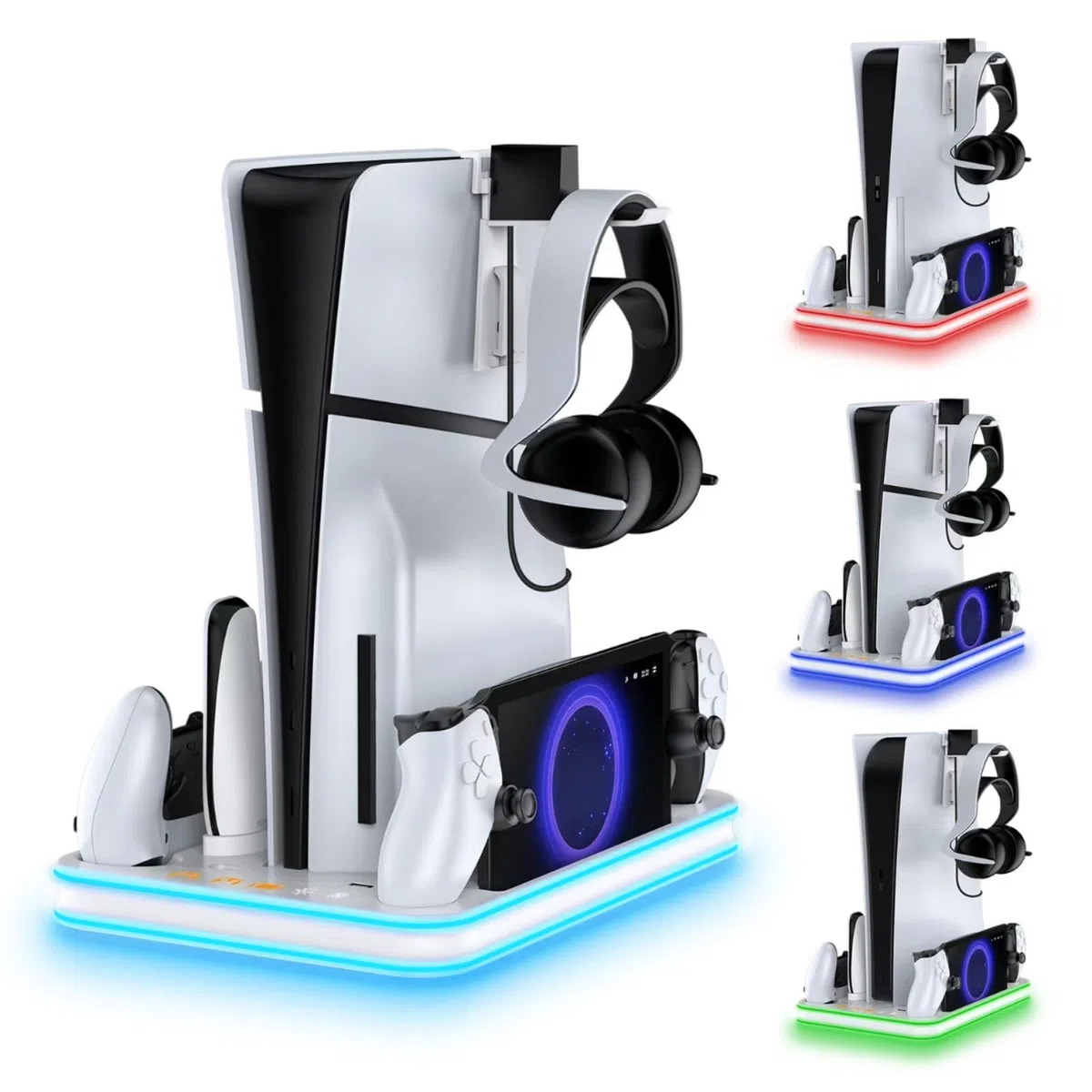 Supporto sottile e stazione di raffreddamento per PS5 con controller RGB LED stazione di ricarica per Playstation 5, controller PS5 caricabatterie per controller Dual Sense & Edge, accessori sottili