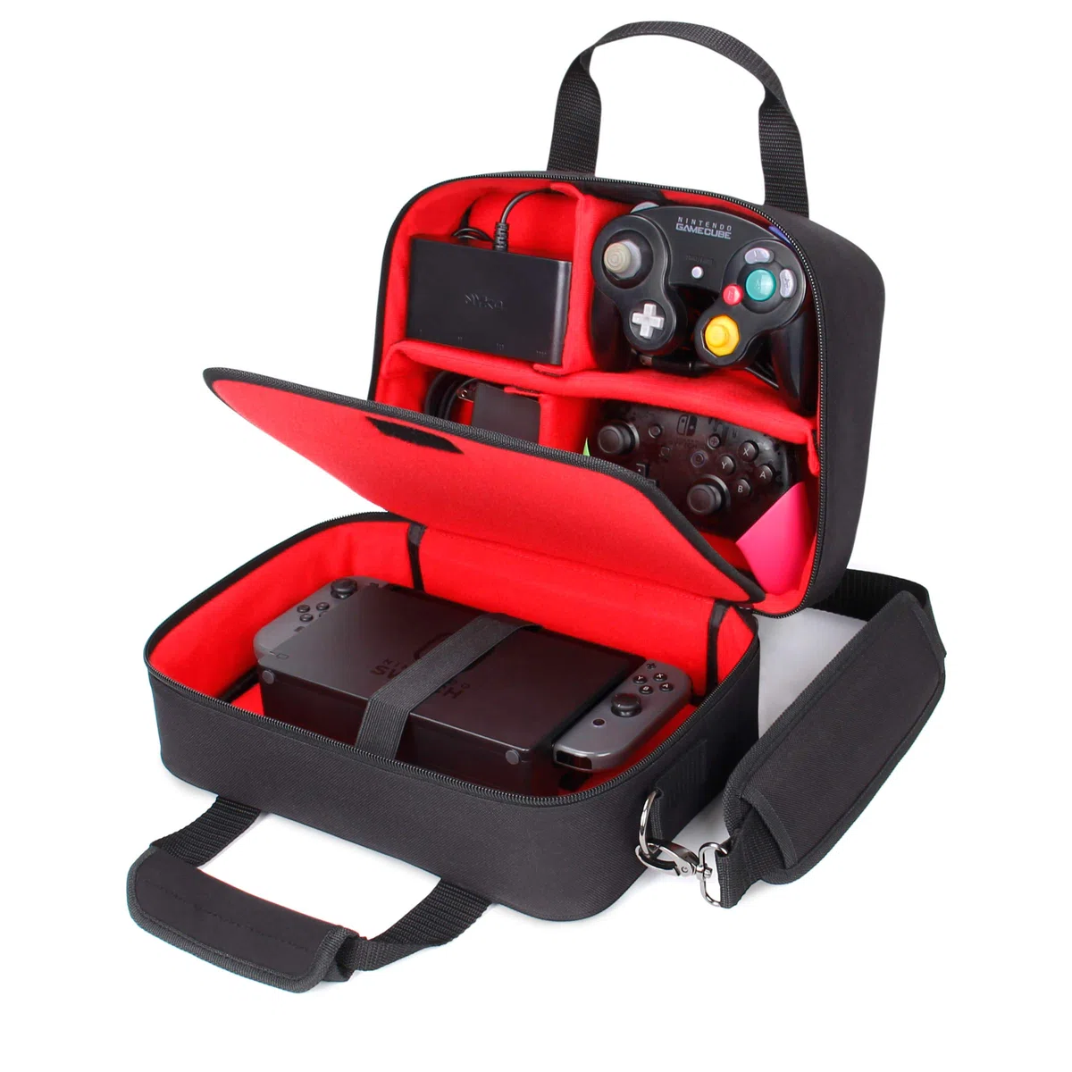 USA Gear Custodia da Viaggio Compatibile con Nintendo Switch 2, Dock Station, Gamecube/Pro Controller , Joy Con e Altri Accessori per Nintendo Switch 2 - Interno Personalizzabile, Tracolla - Rosso