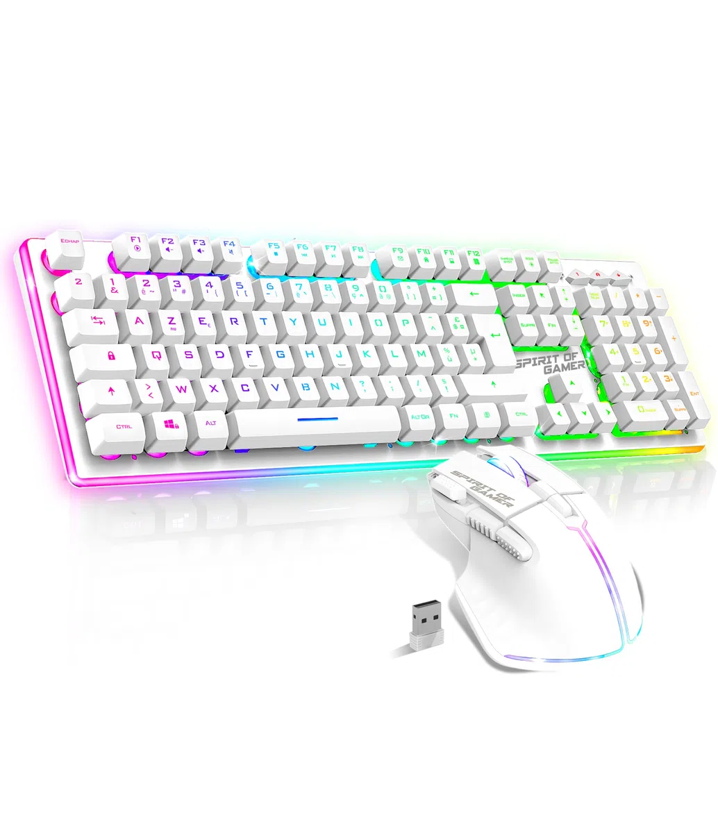 SPIRIT OF GAMER x MK600 | Pack Tastiera Mouse Wireless Bianco Ricaricabile RGB | Layout AZERTY Italiano Retroilluminato | Gaming Keyboard Semi Mecanica | Wireless Mouse 4800 DPI | PC