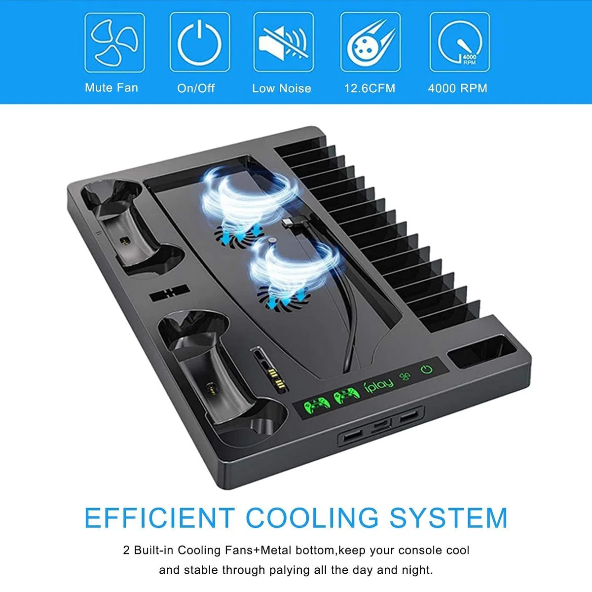 Supporto PS5 base ventola di raffreddamento silenziosa, 1 supporto per cuffie, 2 caricabatterie per controller, 15 slot per dischi di gioco e 1 scatola di archiviazione remota multimediale (Black)