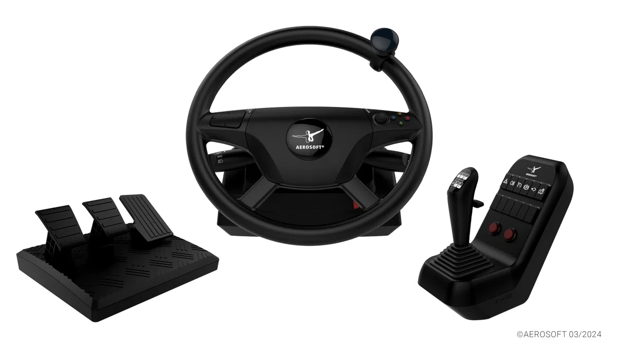 Aerosoft Truck & Bus Wheel System – Volante professionale con Force Feedback per simulazioni di camion e autobus su PC con pedaliera a 3 pedali e leva del cambio realistica