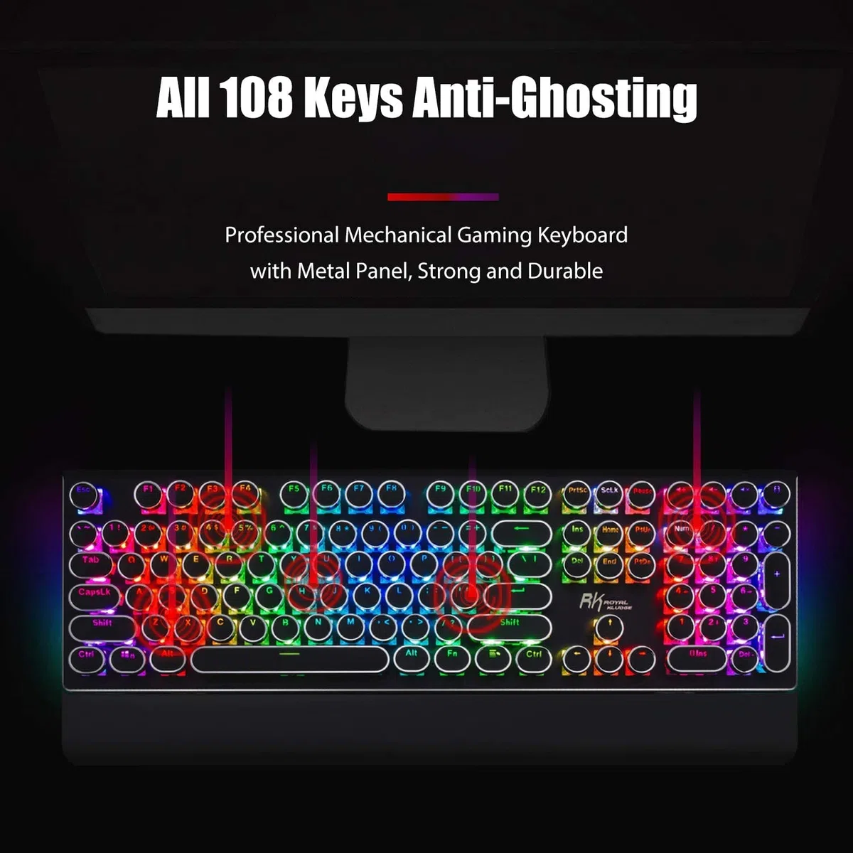 RK ROYAL KLUDGE Tastiera meccanica da gioco S108 in stile macchina da scrivere, con retroilluminazione RGB, poggiapolsi pieghevole a 108 tasti (interruttore rosso, nero)