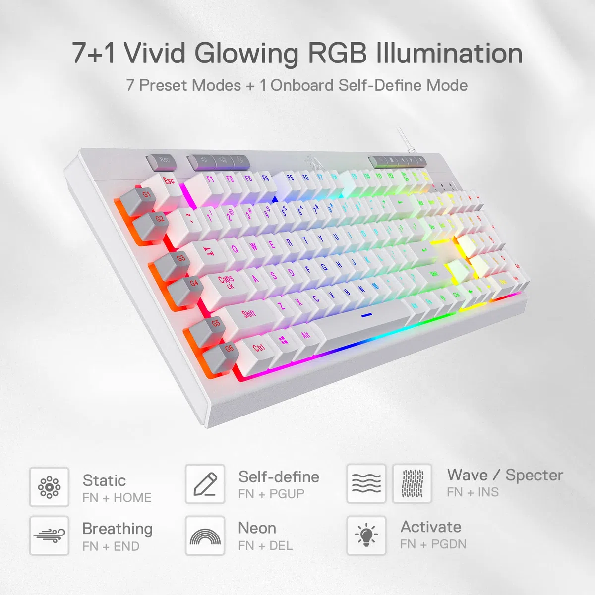 Redragon K512 Shiva - Tastiera da gioco a membrana bianca, illuminazione RGB, tasti G programmabili, controlli multi-media, poggiapolsi integrato, layout QWERTY,US LAYOUT
