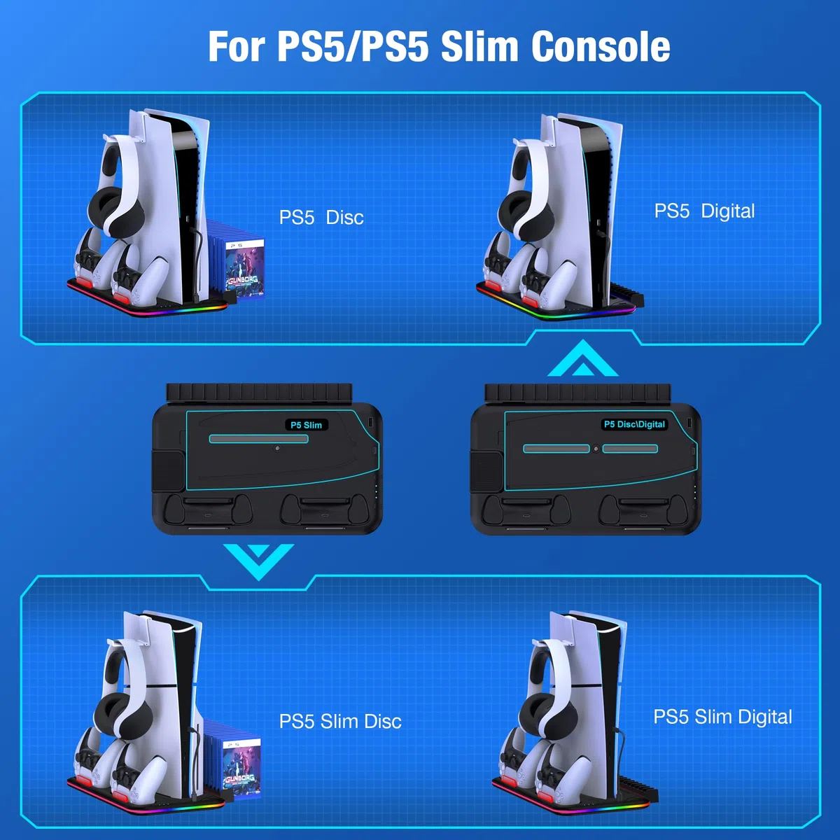 Enhance RGB LED PS5 Stand e stazione di raffreddamento con doppio controller di ricarica, 3 livelli regolabile PS5 Cooler, supporto per cuffie e slot di archiviazione