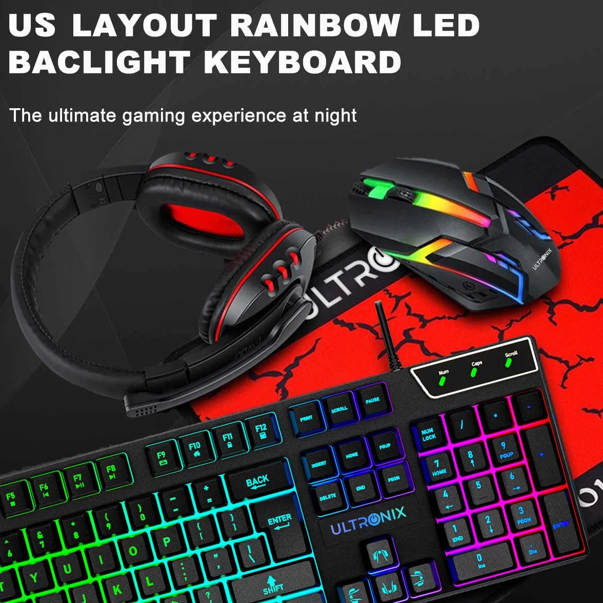 Tastiera da gioco retroilluminata RGB cablata, mouse da gioco, tappetino per mouse da gioco, cuffie da gioco Combo All in One PC Gamer Bundle per PC Windows, Xbox/PS4