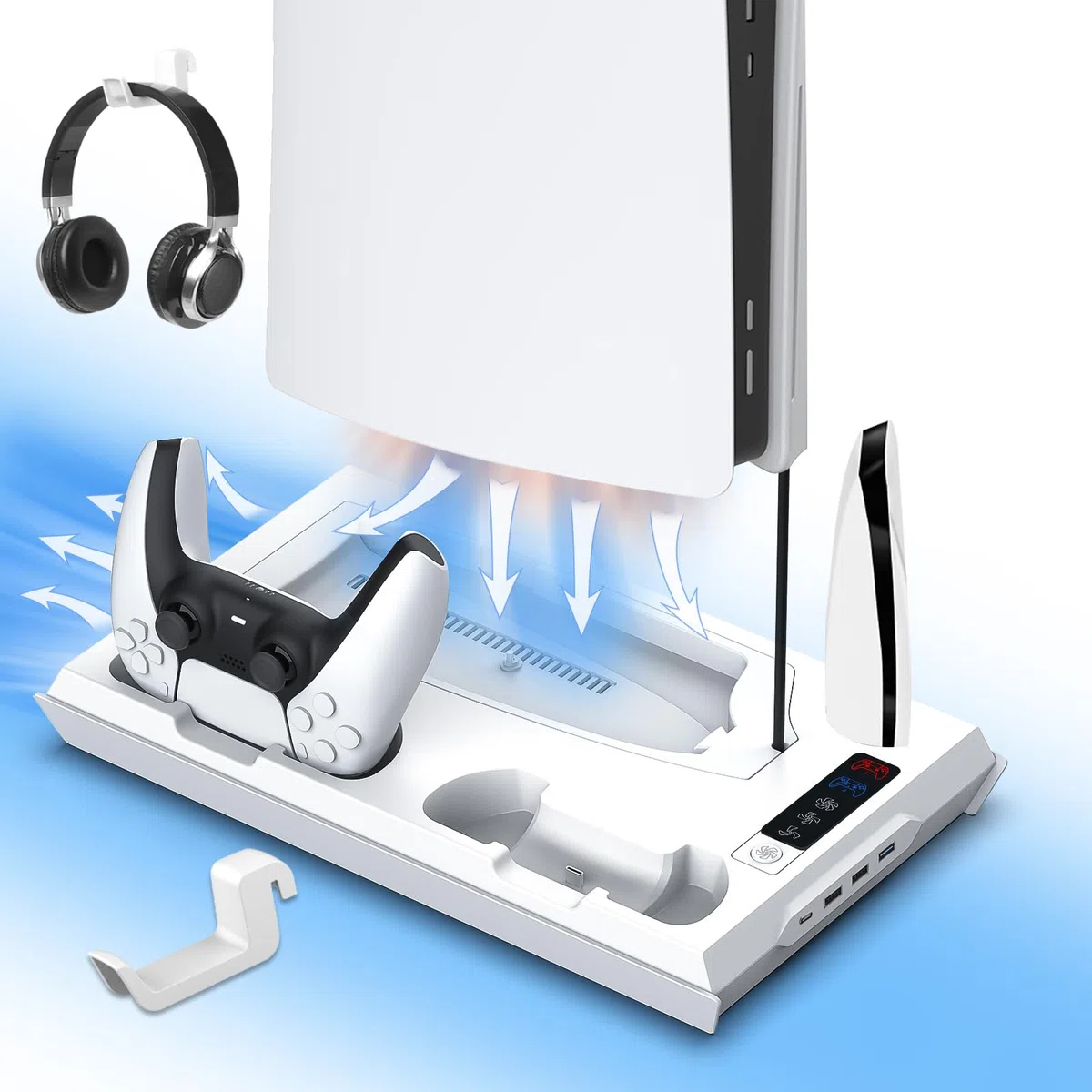 iPLYGAM Supporto sottile e stazione di raffreddamento turbo con stazione di ricarica per controller Playsation 5, kit accessori PS5 con ventola di raffreddamento a 3 livelli, supporto per cuffie per