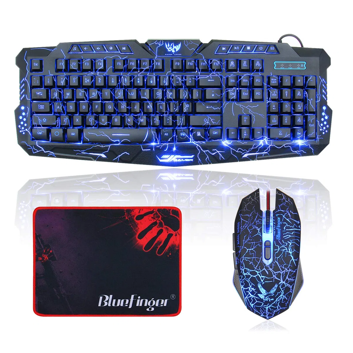 BlueFinger Tastiera e mouse da gioco con cavo USB, con retroilluminazione e tastiera combinata, lettere bagliore, retroilluminate a 3 colori, tastiera e mouse per gioco e lavoro
