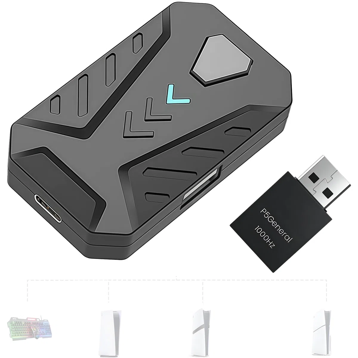Megadream Convertitore tastiera e mouse per PS5 / P5 Slim / PS5 Pro con adattatore generale P5, 1000 Hz lasso ultra basso, supporta la regolazione della sensibilità del mouse, cambia chiave