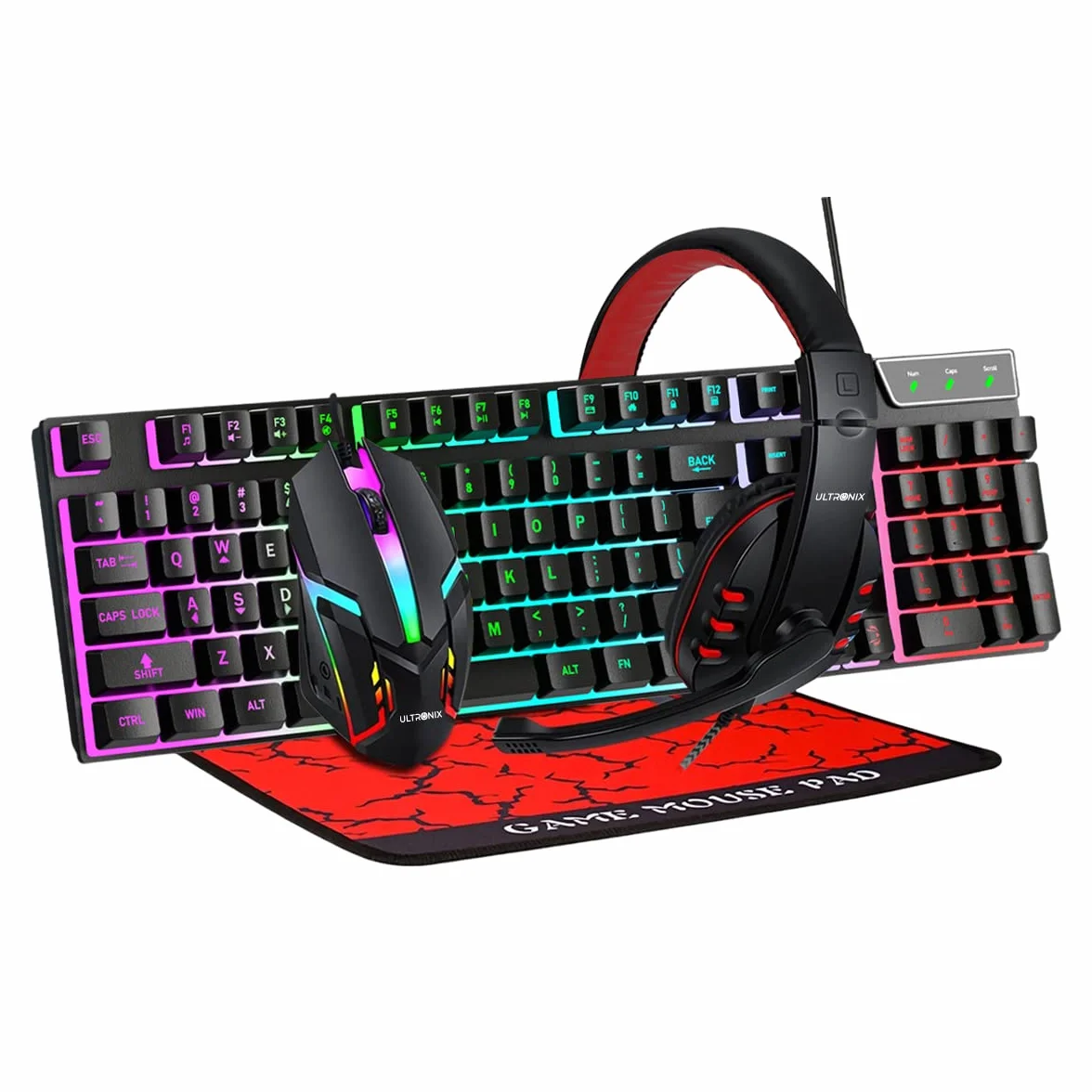 Tastiera da gioco retroilluminata RGB cablata, mouse da gioco, tappetino per mouse da gioco, cuffie da gioco Combo All in One PC Gamer Bundle per PC Windows, Xbox/PS4