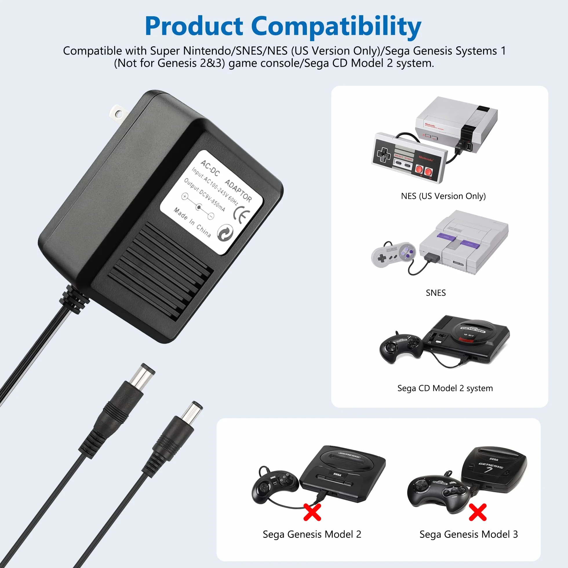 Per alimentatore SNES, cavo di alimentazione NES compatibile con Super Nintendo/SNES/NES/Sega Genesis MK1/Genesis 2/Atari Jaguar